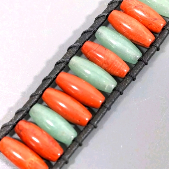 Lauren Ralph Lauren Jewelry - LAUREN RALPH LAUREN Boho/Tribal Bracelet of Leather, Orange and Green Stones 6.5